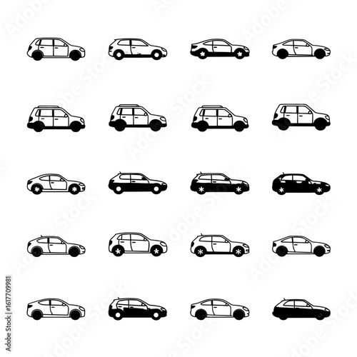Discover a dynamic collection of modern vehicle silhouettes, showcasing sleek sedan, sporty coupe, and versatile SUV designs perfect for automotive projects and transportation themes.