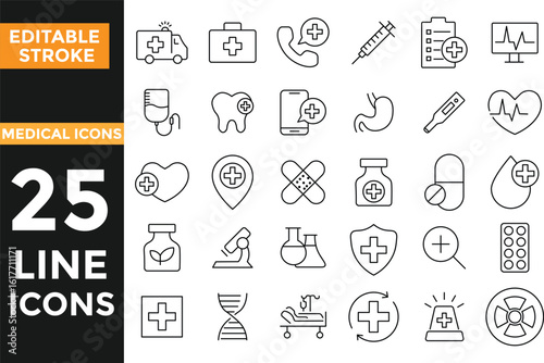 Healthcare set of web icons in line style. Medical icon set. Hospital icon set. Medicine, doctor, pharmacy, lab, pills, clinic, pharmacy and more. Editable stroke. Vector illustration
