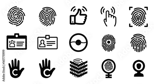 Biometric Identity Symbols: A collection of meticulously crafted biometric identity symbols are artfully arranged, representing security, access, and personal identification through technology.