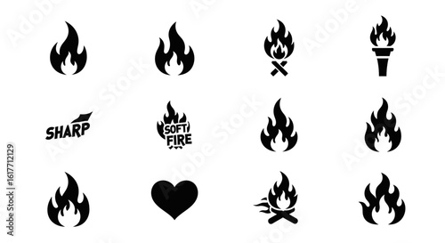 Flame Icons and Illustration Set: A curated collection of diverse flame icons and illustrations, representing fire in its varied forms and applications, from torches to bonfires.