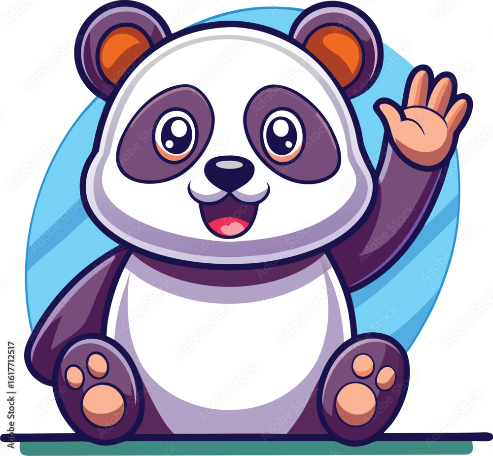 Naklejka premium Waving Panda Bear Cartoon - Cute Hand-Drawn Illustration