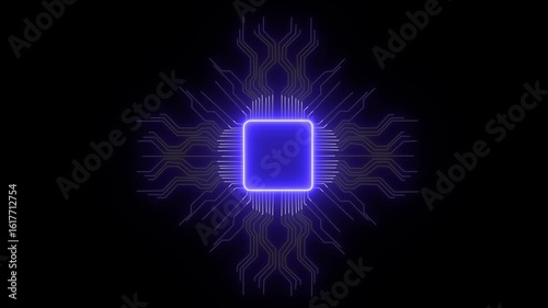 Futuristic Glowing Microchip Animation Representing Artificial Intelligence and Advanced Digital Technology in a High-Tech Circuit Board Design.4k video 