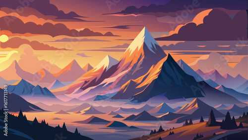 Majestic mountain range bathed in golden sunset light
