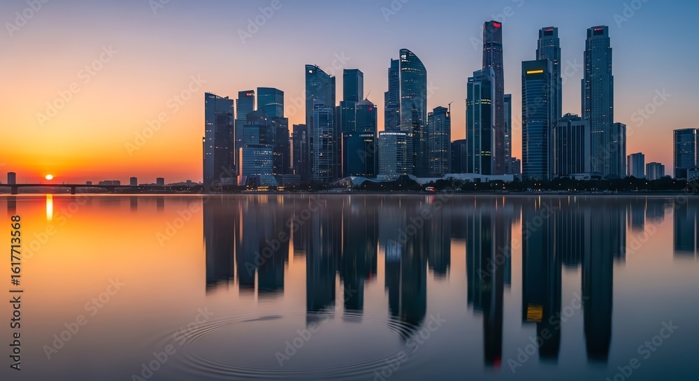 Fototapeta premium Singapore skyline reflects sunset over water