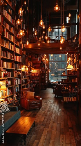 Warm-toned bookstore featuring tall wooden bookshelves, intimate reading nooks with cushioned chairs, and gentle hanging lights creating a cozy and tranquil literary atmosphere.