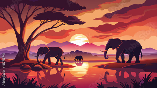 African elephants at sunset by a waterhole