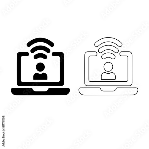Video chat vector illustration with signal waves on laptop screen, black and white