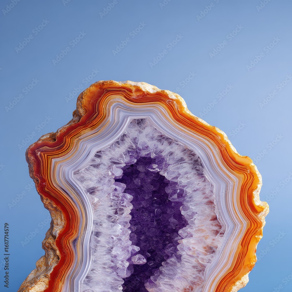 Fototapeta premium Polished agate geode with amethyst crystals