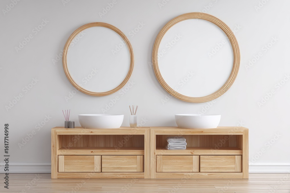 Fototapeta premium Minimalist bathroom with twin sinks and circular mirrors