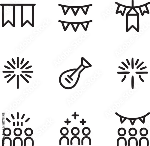Celebration and party vector icon set outline style flags,garland,fireworks,mandolin,crowd,social gathering,positive feedback,music instrument icon set