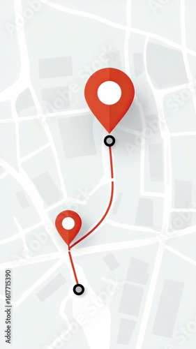 Location pin navigation map showing route between,vertical video