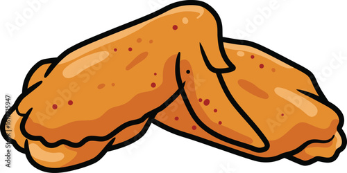 Two crispy fried chicken wings are isolated on white background in this appetizing cartoon illustration