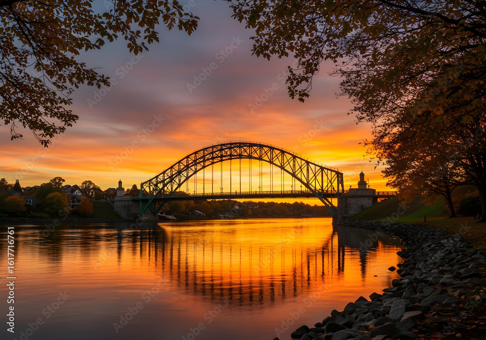 Fototapeta premium Emerald green arch bridge over calm water at sunset, autumn foliage, golden hour, clear sky, reflections on the water.