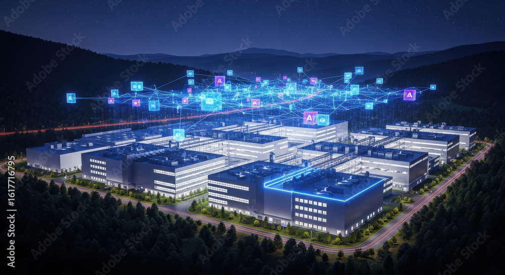 Obraz premium Futuristic data center complex illuminated at night, surrounded by forest, with glowing digital network icons and connections symbolizing artificial intelligence and cloud computing technology