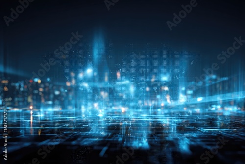 Futuristic cityscape at night  glowing digital grid