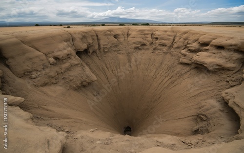 Deep conical sinkhole in dry sandy earth with eroded walls