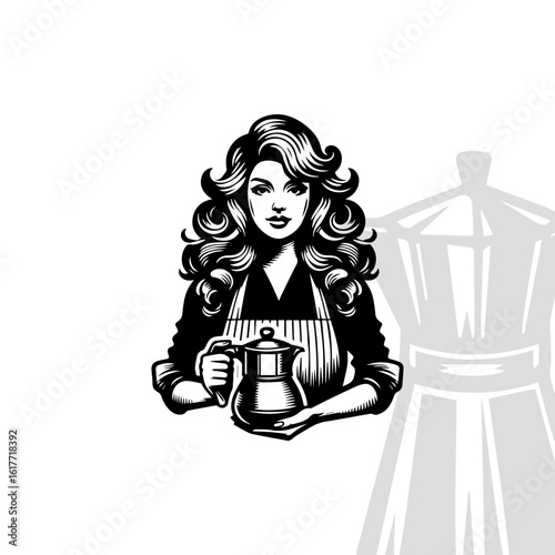 Retro Woman with Voluminous Hair Holding a Moka Pot in Black and White.