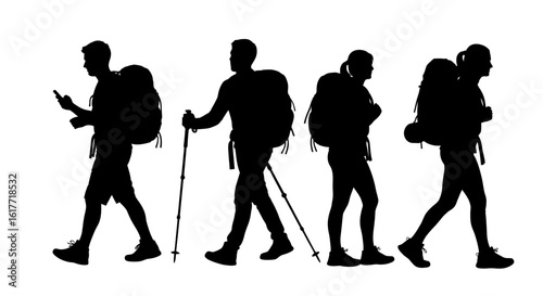 Silhouette of hikers with backpacks and trekking poles walking on a white background outdoors
