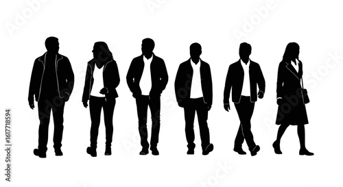 Silhouette illustration of six people walking and standing in casual and formal attire on white