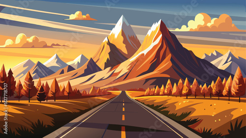 Scenic mountain road at sunset with autumn trees