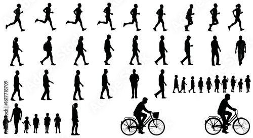 Silhouette collection of people walking running standing and riding bicycles on a white background