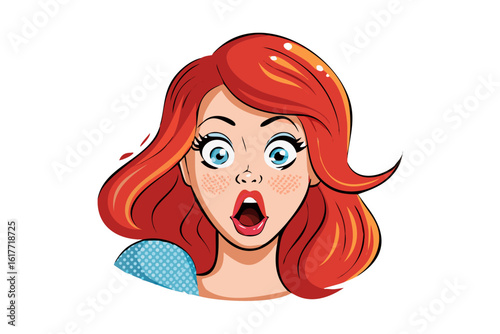 Surprised woman with red hair and blue eyes expressing shock