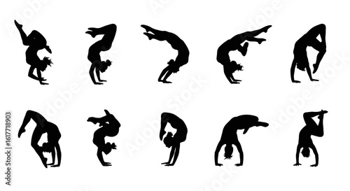 Silhouettes of a woman performing acrobatic poses and handstands on a white isolated background