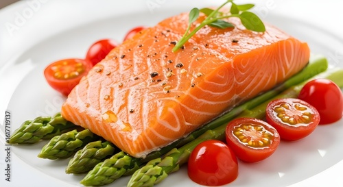 Prepared salmon fillet with asparagus and tomatoes on white plate