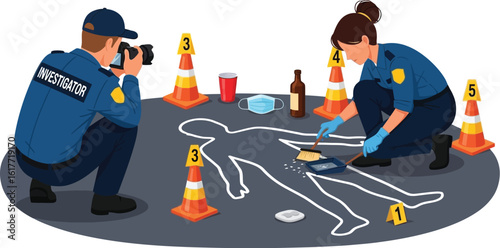 Detectives meticulously examine a crime scene, photographing evidence and collecting clues
