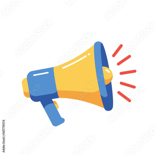 A vibrant yellow and blue megaphone icon announces an urgent message, radiating energy and signifying important news or a public announcement.