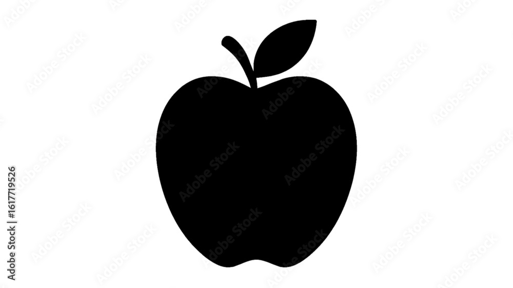 Fototapeta premium Black silhouette of an apple with a leaf, isolated on white background