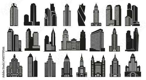 Silhouette illustration featuring a collection of various architectural building designs and skyscrapers