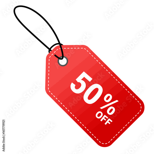 A bright red sale tag displaying "50% OFF" with a black string, perfect for retail promotions and discount announcements.