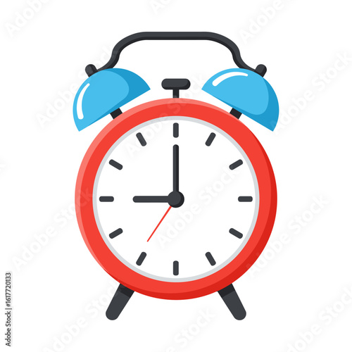 A classic red analog alarm clock with blue bells shows nine o'clock, symbolizing punctuality and the start of the day.