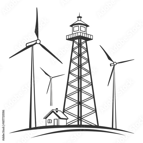 Lighthouse and Wind Turbines on a Hill with a Small House wind energy renewable energy