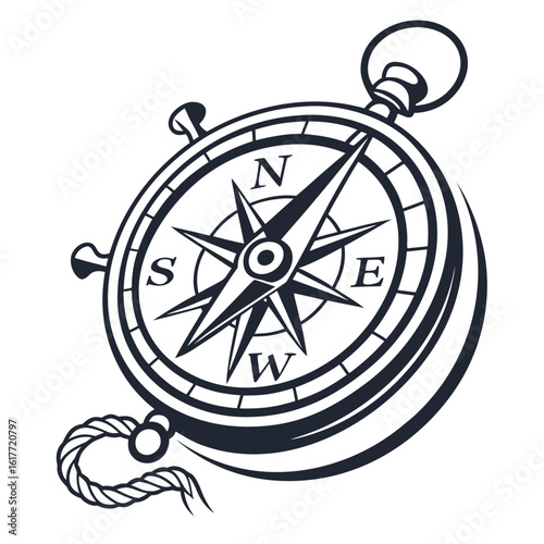 Vintage compass with nautical rope and directional points NSEW navigation north