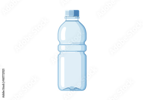 An empty transparent plastic water bottle with a blue cap is centered on a white background