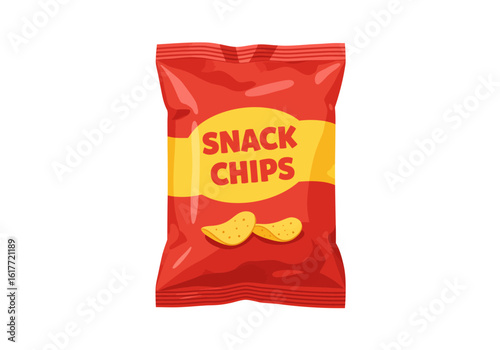 Red snack chip bag with yellow band Two chips visible