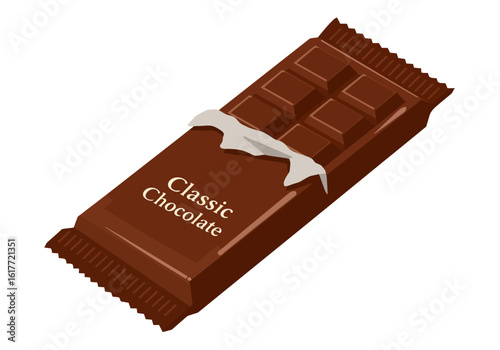 Wrapped chocolate bar with partially opened packaging and visible chocolate squares