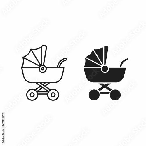 Two simple stroller icons; one line art, one solid black.  Baby carriage illustrations for design.