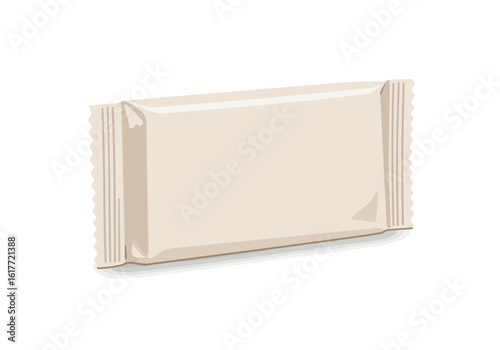 Beige rectangular package with crimped sealed edges laying at a slight angle with a drop shadow