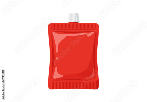 Red ketchup pouch with a white cap standing upright against a white background