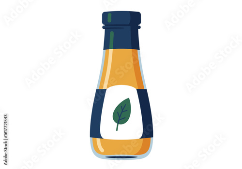 Bottled amber liquid with a green leaf label topped with a dark cap