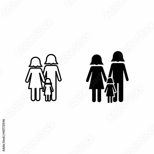 Two adult figures with a child, depicted in simple black and white icons.