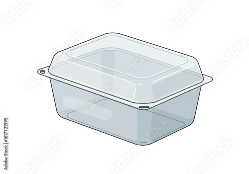 Clear plastic container with lid rectangular shape perspective view on white background