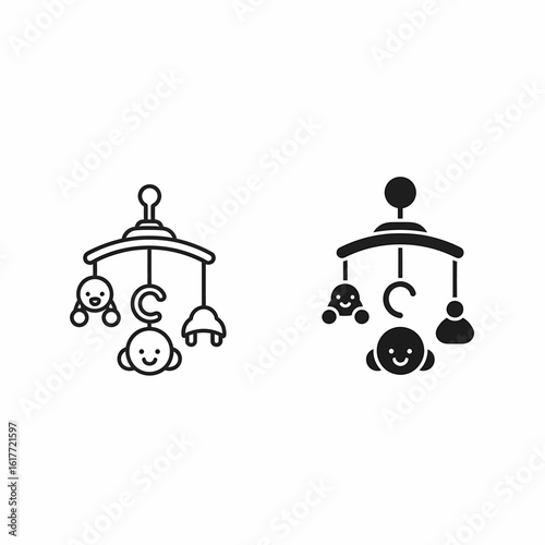 Two baby mobile icons, one outlined and one solid, featuring smiling faces and simple shapes hanging from an arched frame.