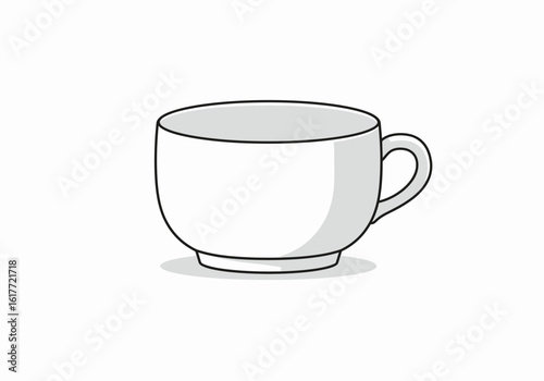 A white coffee cup with a handle lightly shaded rests on a white surface with a drop shadow