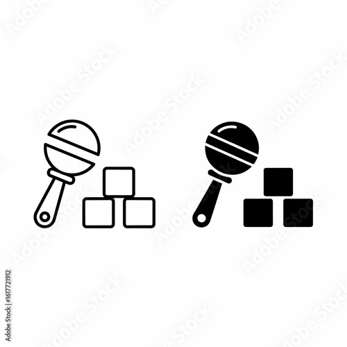 Baby rattle and building blocks icons, line and solid styles.