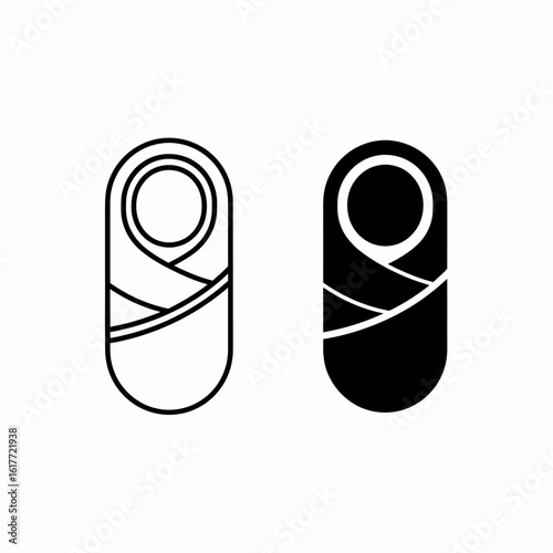 Two stylized depictions of a swaddled baby, one in outline form, the other filled in black.