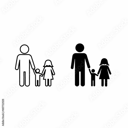 A father figure stands with his son and daughter, depicted as a simple icon in two variations.